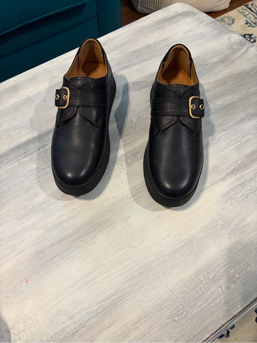 Fitflop Black Leather Slip-On Loafers with Gold Buckle